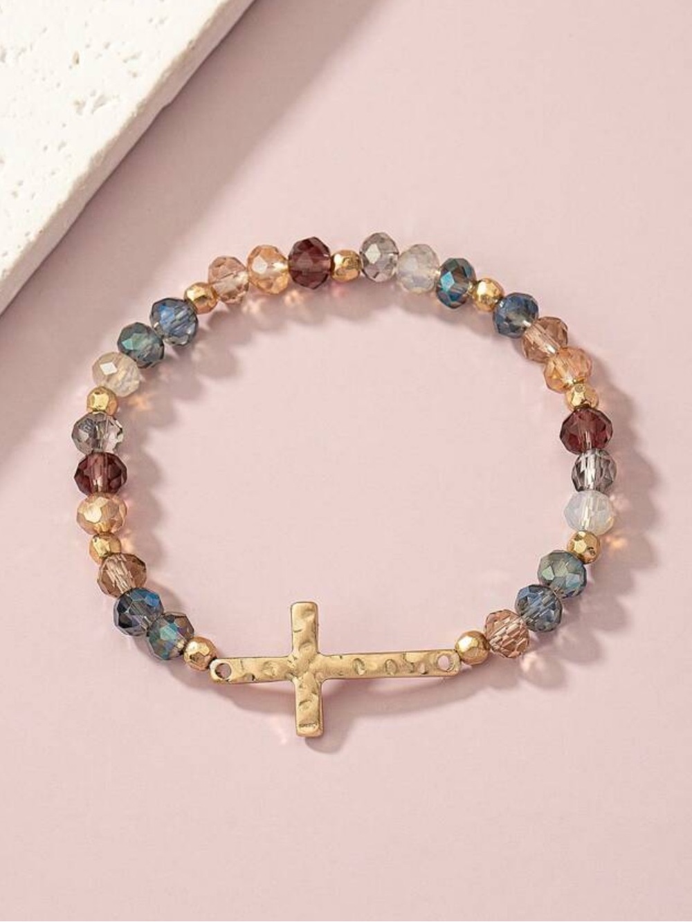 Multicolor Beaded Cross Stretch Bracelet - Gold Accent